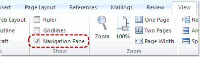 Show Navigation Pane in Microsoft Word 2010