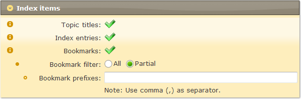 Configure Help Project for Creating CHM Help, Unicode CHM, Web Help and Web Site: common options - index items