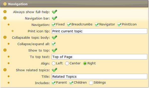 Navigation options for creating Web Help/Web Document files.