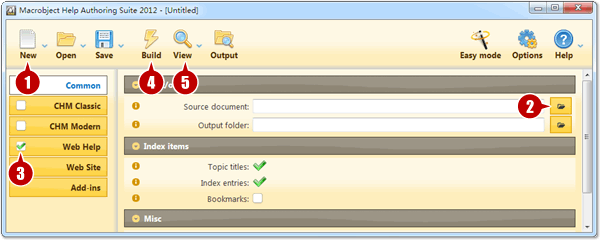 Steps for creating Web Help / Web Documents in advanced mode.